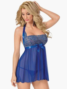 Nuisette bleue avec dentelle et noeud à dos décolleté