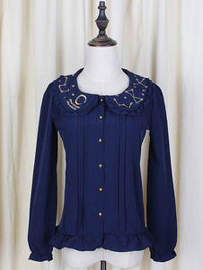 Mousseline de soie Lolita Blouse manches longues broderie or Turn-down col