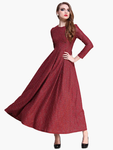 Robe longue jacquard convenable brodé col ras du cou