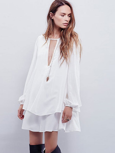Robe droite casual en chiffon blanc unicolore surdimensionné multicouche col V