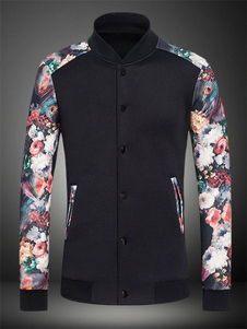 Blouson attrayant en coton noir imprimé fleuri