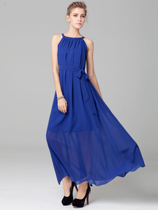 Robe longue en chiffon unicolore multicouche avec lacets