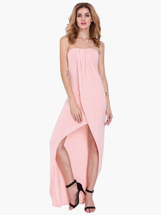 Robe longue rose en chiffon unicolore multicouche fendu