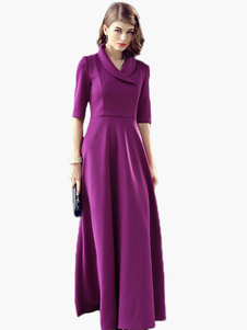 Robe longue unicolore avec couture visible col à revers