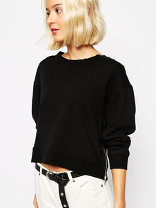 Sweater activewear noir unicolore avec zip cropped col rond