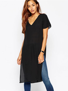 Robe d'été noire unicolore fendue col V