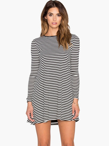 Robe droite casual noir avec rayure vêtements imprimé fleuri col rond