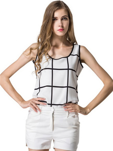 Débardeur féminin casual blanc écossais imprimé fleuri col rond