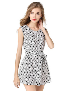 Robe d'été blanche écossaise imprimé fleurie col rond