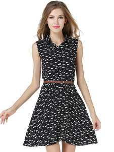 Robe d'été noire imprimé animal fleurie col à revers