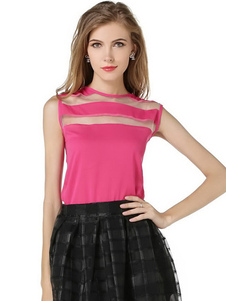 Débardeur féminin casual unicolore avec filets col rond