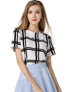 Blouse casual blanc écossais imprimé fleuri