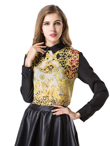 Blouse femme casual noir ondé imprimé fleuri multicouche