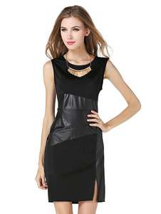 Mini robe noir en patchwork coupe asymétrique plissé col rond