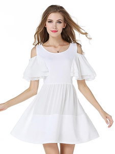 Robe d'été blanche unicolore avec peplum col rond
