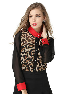 Blouse femme décontracté à motif léopard imprimé fleuri multicouche