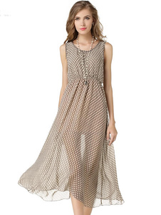 Robe longue à pois imprimé fleuri col rond