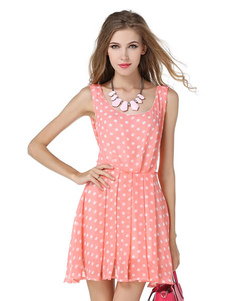 Robe d'été rose à pois imprimé fleurie col rond