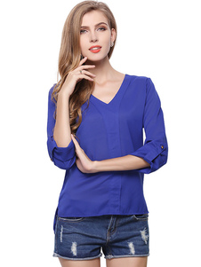 Blouse femme casual bleu roi unicolore avec bouton
