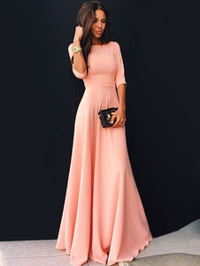 Robe longue rose de cellulose Pick up skirt col rond à mancherons