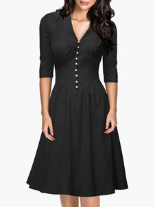 Robe subtile vintage rétro avec bouton col V vêtements journaliers de fête