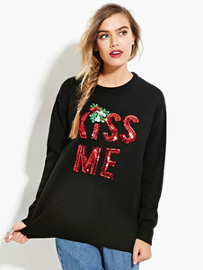 Pull femme noir motif de noël avec paillettes