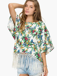 Blouse bohémien en chiffon vert avec frange