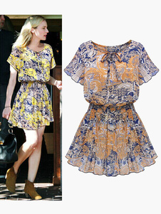 Robe d'été de cellulose multicolore imprimé fleurie col ras du cou