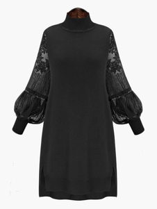 Robe droite mode avec dentelle transparent brodé col roulé