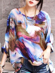 Blouse casual en chiffon bleu océan motif lavis