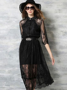 Robe skater noir à demi-transparence avec dentelle col montant