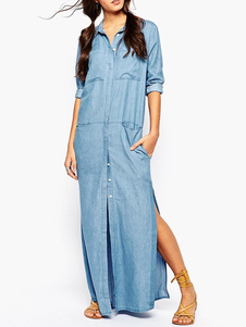 Robe longue bleu en denim antique fendu col large