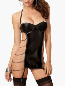 Tenue de Pole Dance noir avec chaîne à dos décolleté avec col asymétrique