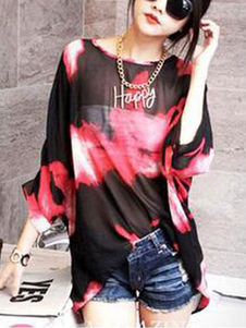 Blouse femme rouge casual en chiffon motif lavis
