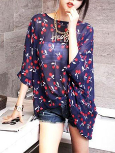 Blouse casual en chiffon bleu imprimé fruit