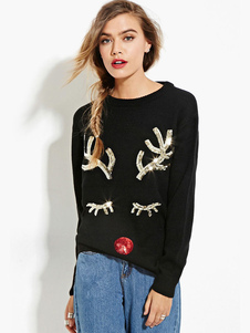 Attrayant pull féminin noir imprimé animal avec paillettes