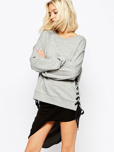 Pull de sport gris unicolore avec lacets surdimensionné encolure dégagée