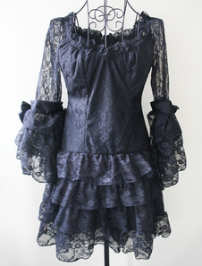 Robe Lolita charmante en polyester noire à volants encolure dégagée