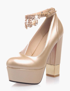 Escarpins à talons épais ruban aux chevilles avec strass