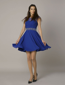 Robe de cocktail bleu A-ligne en chiffon roi cou translucide avec plissement minidétail zip