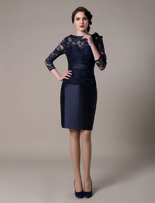 Robe de cocktail bleu marine foncé en dentellecol rond avec noeud longueur genou détail zip