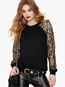 Pull sportwear noir unicolore à demi-transparence col rond