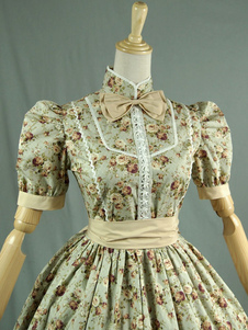 Robe lolita olive en coton imprimé fleurie col montant