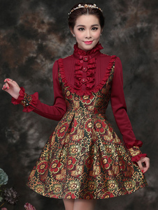 Robe lolita bordeaux avec perles Jolie col montant