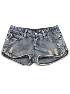 Short féminin en denim gris bleu unicolore avec poches troué à taille basse
