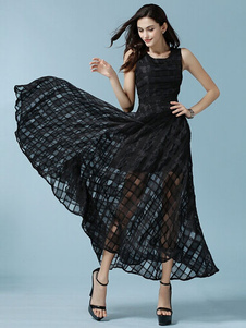 Robe longue noir en organza unicolore réglable col rond