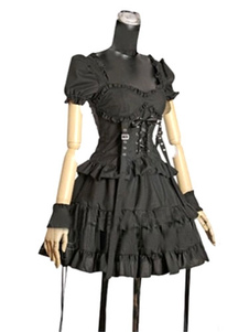 Robe lolita en coton noire avec lacets gothique