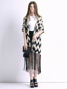 Cardigan populaire noir à zigzags avec frange ouverture avant demi-manches