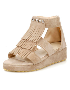 Beige Rivets Fringe PU sandales compensées pour femmes