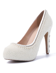 Perles blanches Pointed Toe Pumps cuir verni soir & talons de la mariée
